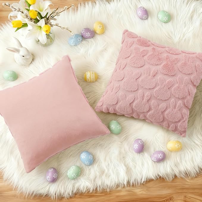 decorUhome Easter Bunny Pillow Covers 18x18 Inch Set of 2, Soft Plush Faux Wool - Image 6