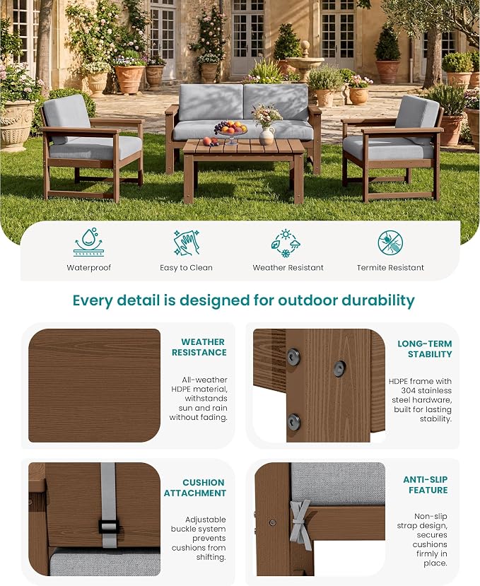 SERWALL 2 Pieces Single Cushioned Lounge Chair, HDPE Outdoor Adirondack Sofa - Image 4