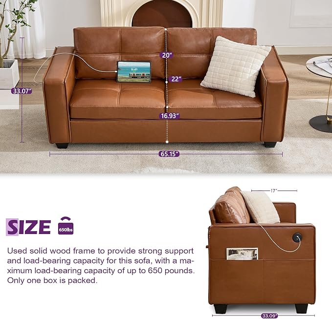 TYBOATLE 65" Faux Leather Love Seat Sofa - Image 2