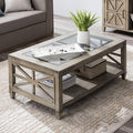 Solid Wood Coffee Table with Tempered Glass Top, 2-Tier 45.5" X 26" Farmhouse by JESONVID