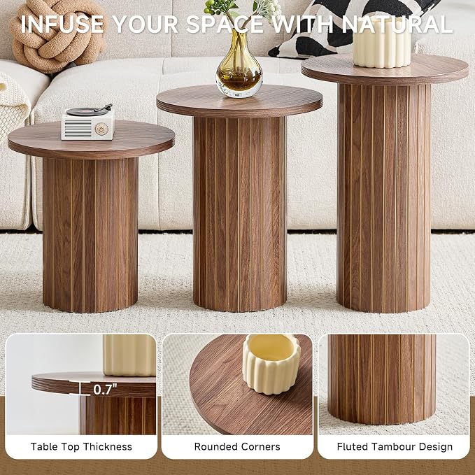 Round Nesting Coffee Table Set of 3 Mid Century Modern Wood Round Coffee Tables - Image 4