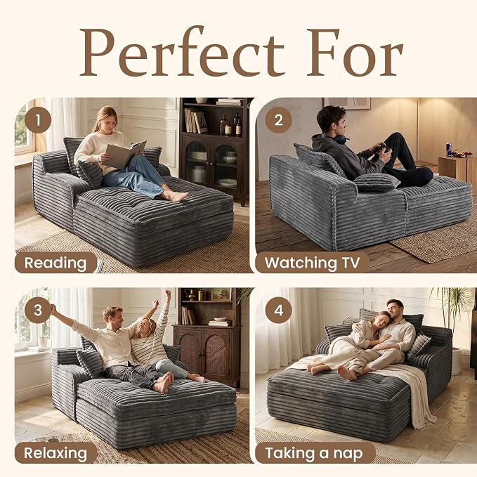 Boneless Chaise Lounge Couch Indoor, Oversized Corduroy Upholstered Sofa Bed - Image 3