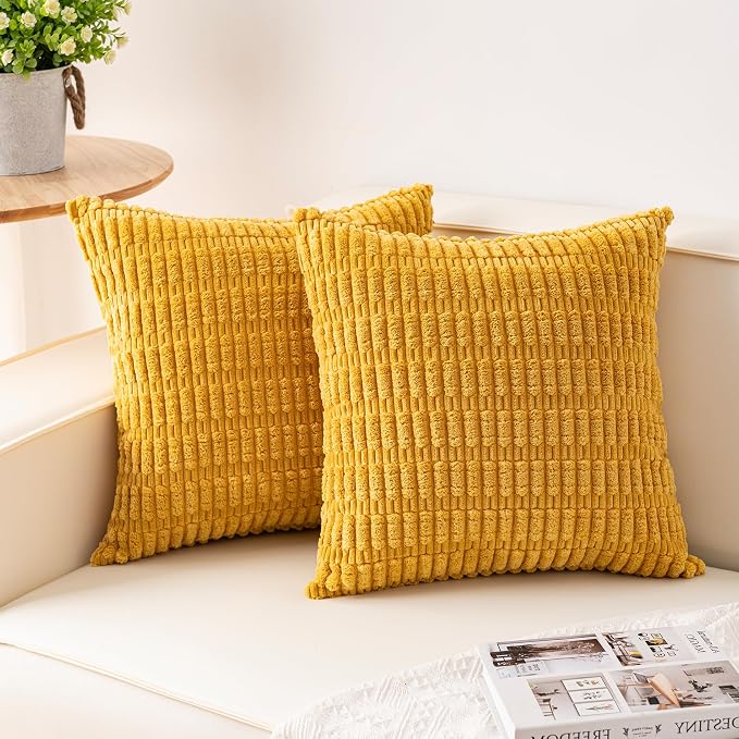 Pack of 2 Corduroy Decorative Throw Pillow Covers 24x24 InchSoft Striped Pillow by Unknown