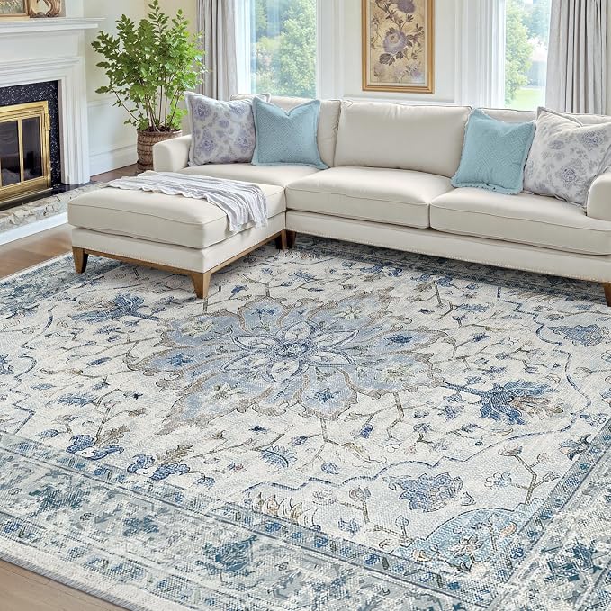 Area Rugs 7'x10' Washable Non-Slip, Floral Vintage Distress Print Pattern by RELEANY