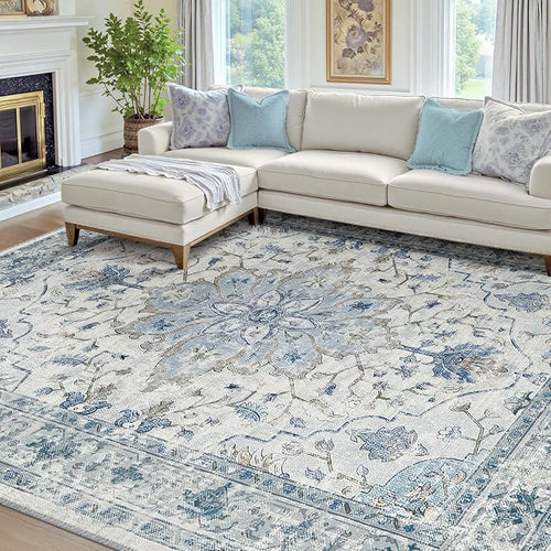 Area Rugs 7'x10' Washable Non-Slip, Floral Vintage Distress Print Pattern by RELEANY