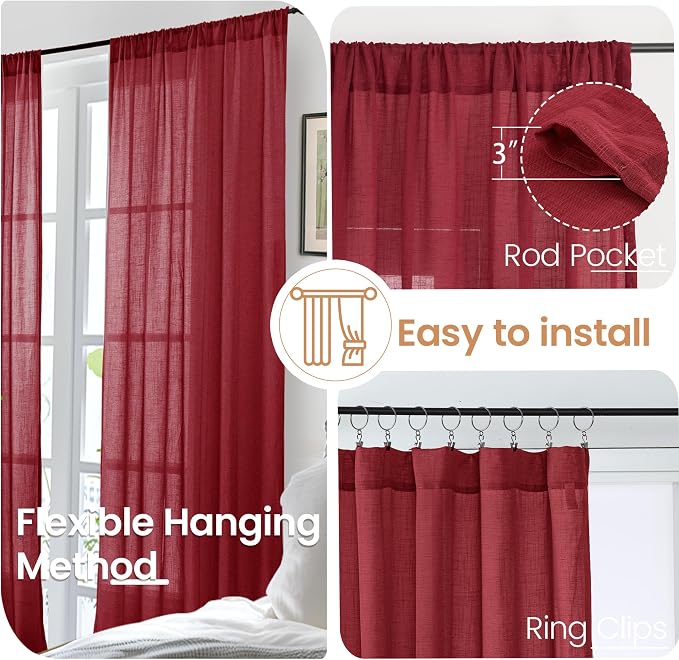 BGment Linen Burgundy Curtains 54 Inch Length - Image 6