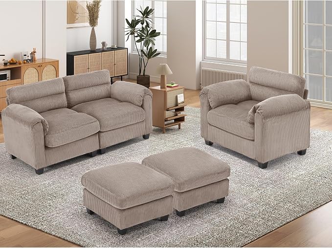 HAOMARKETS Corduroy 4-Piece Sofa Set, Upholstered Ottoman Set of 2, Accent - Image 6