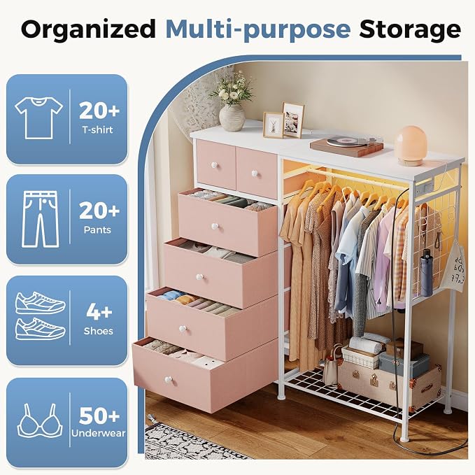 DUMOS Dresser for Bedroom with Hanging Rack, 6 Drawer Fabric Dresser with - Image 5