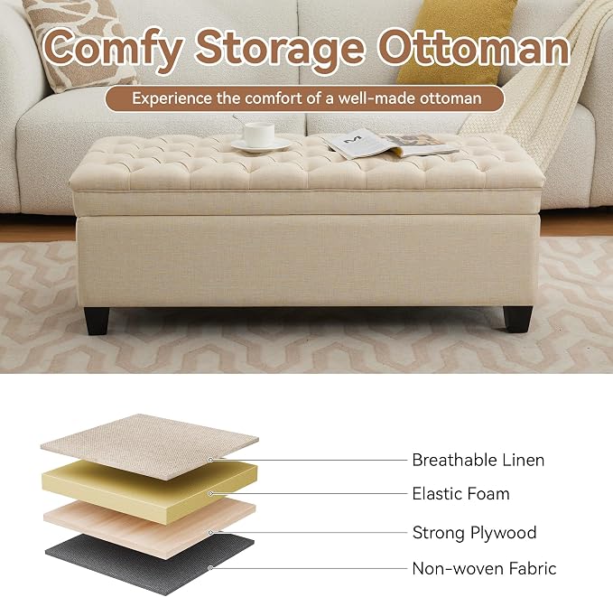WUTUTUEE 51" Fabric Storage Ottoman Bench, Upholstered Rectangle End of Bed - Image 5