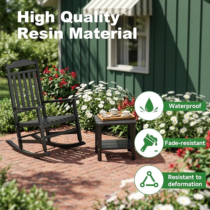 3 Piece Outdoor Rocking Bistro Set, Rocking Chairs Outdoor Furniture, Resin - Image 6