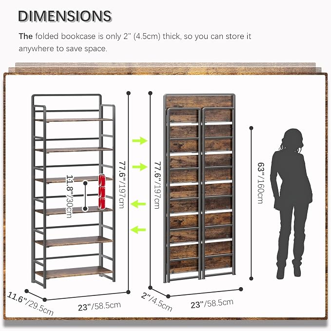 4NM No Assembly 6 Tiers Folding Bookshelf Storage Shelves Vintage Bookcase - Image 2