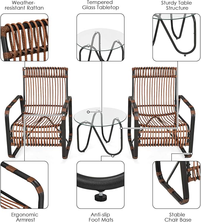 Tangkula 3 Piece Patio Rattan Furniture Set, Includes 2 Single Wicker Chairs - Image 7