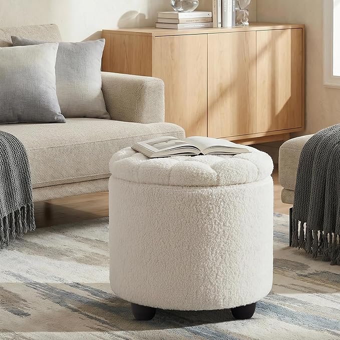 Furniliving Modern Round Storage Ottoman, Button Tufted Ottoman Footstool - Image 2