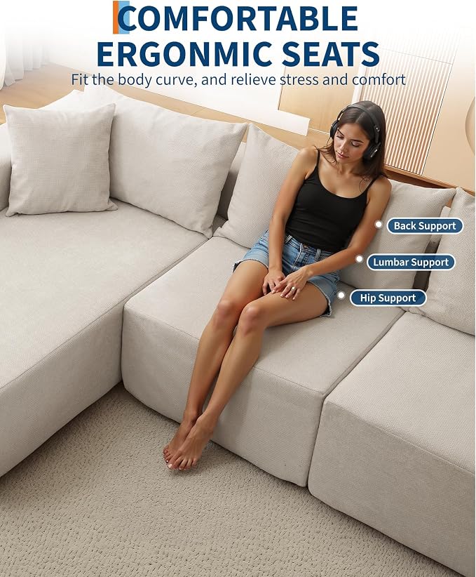 Corduroy Modular L Shape Sofa, Cloud Feel Compressed Sectional Couch - Image 6