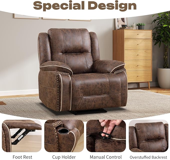 EBELLO Faux Leather Manual Recliner Chair, 1 Seater Reclining Sofa Chair - Image 3