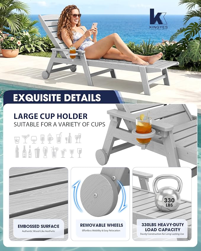 KINGYES HDPE Lounge Chair Outdoor Set of 4, Patio Chaise Lounge Recliner - Image 4
