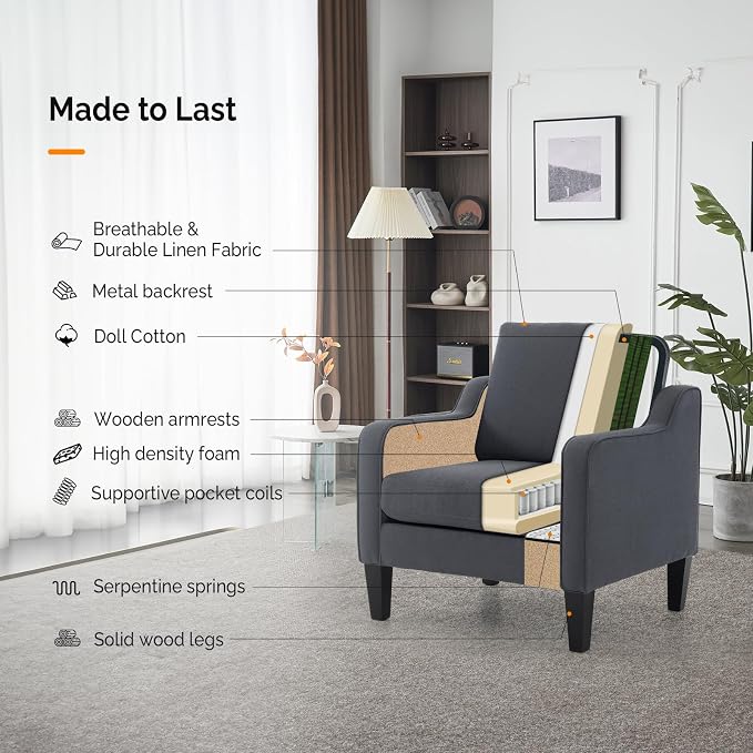 VINGLI Accent Chairs Set of 2 Living Room Chairs Dark Grey Reading Chair - Image 5
