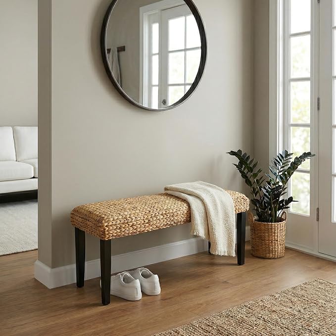 Entryway Bench with Solid Wood Acacia, Water Hyacinth Indoor Bench Seat - Image 3