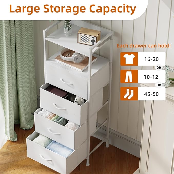 Somdot White Nightstand with 4 Drawers, Vertical Storage Tower Fabric Dresser - Image 5