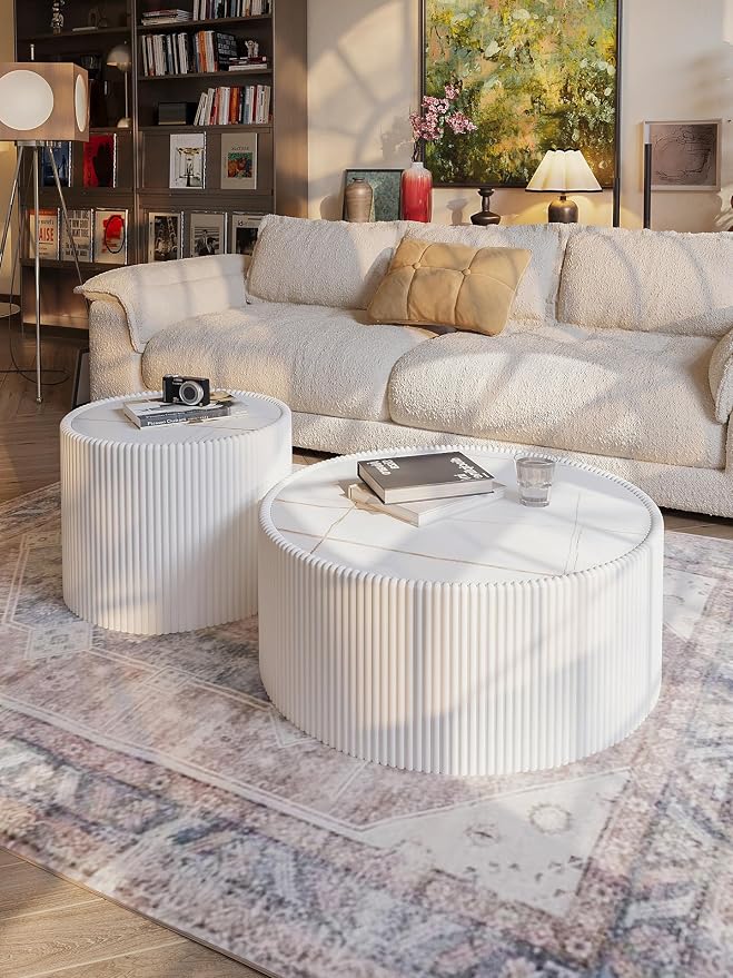 White Marble Coffee Table Set of 2, 29.52" Round Flued Coffee Table and End - Image 5