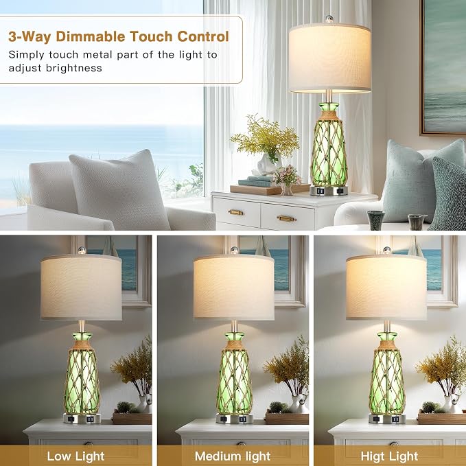 Ruzectt 25.5" Green Glass Table Lamps Set of 2, 3-Way Dimmable Touch Control - Image 4
