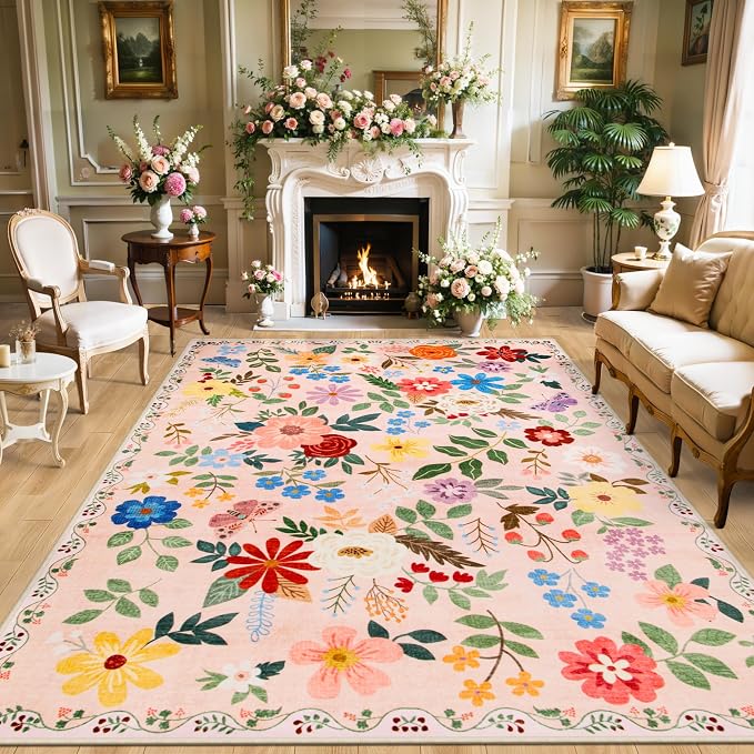 8x10 Area Rugs for Living Room: Floral Washable Rug Vintage Large Soft Boho by PLHXFRSoftAreaRugs