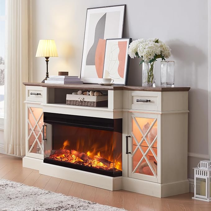 OKD 3-Sided Glass Farmhouse Electric Fireplace TV Stand by OKD