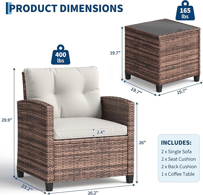 Garvee Outdoor Wicker Chairs, 3 Pieces Patio Furniture Set, All Weather High - Image 2