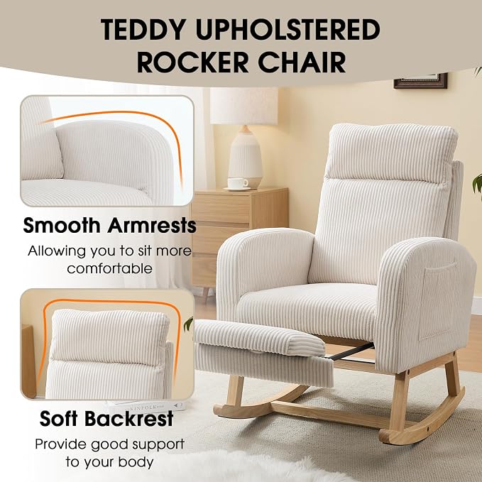 NIOIIKIT Nursery Rocking Chair, Corduroy Upholstered Rocking Chair - Image 6