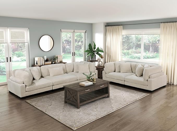 Modular Corner Seat, Plush Beige Corduroy Sofa, Customizable Living Room - Image 7
