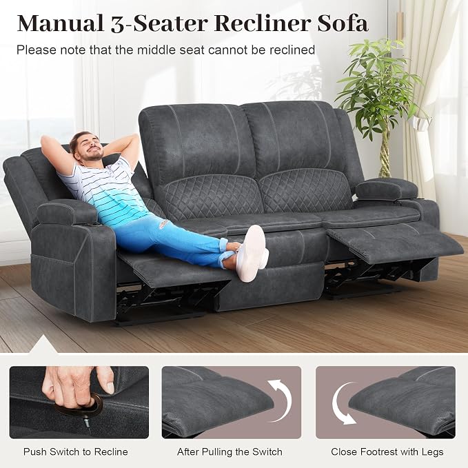 Yolsali Velvet Fabric Recliner Sofa, 3 Seater Manual Reclining Sofa - Image 4