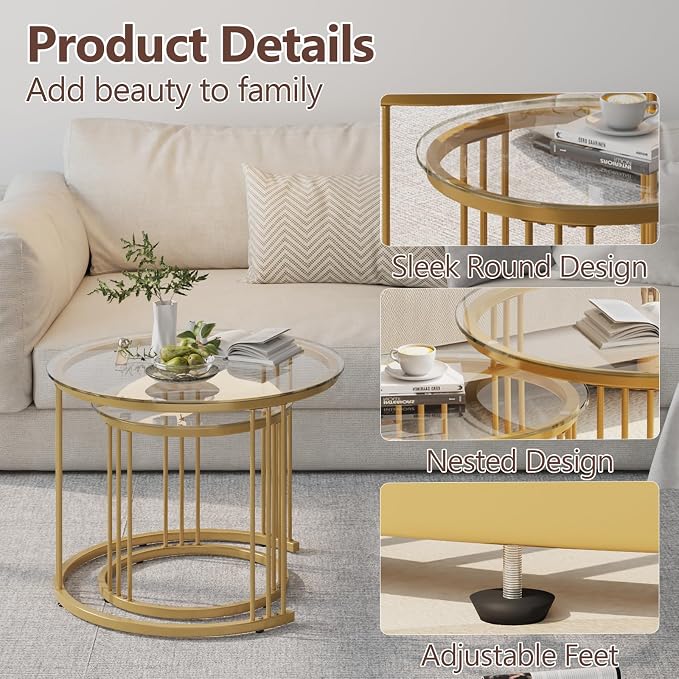 Garden 4 you Nesting Coffee Table, 23.6" Round Coffee Table Set of 2, Glass - Image 6