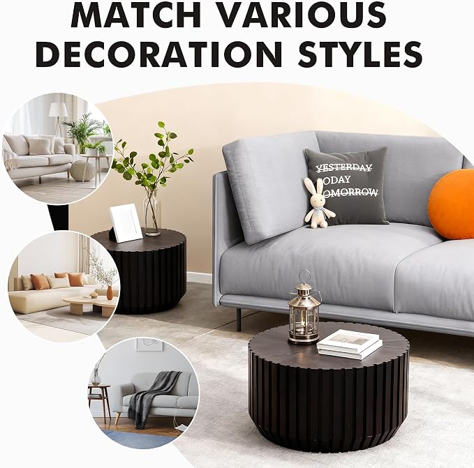Black Round Nesting Tables for Living Room, Nesting Coffee Table Wooden Fluted - Image 7