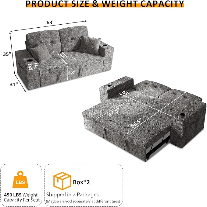63 Inch Sleeper Sofa Bed, 3 in 1 Pull Out Couch Bed - Image 3