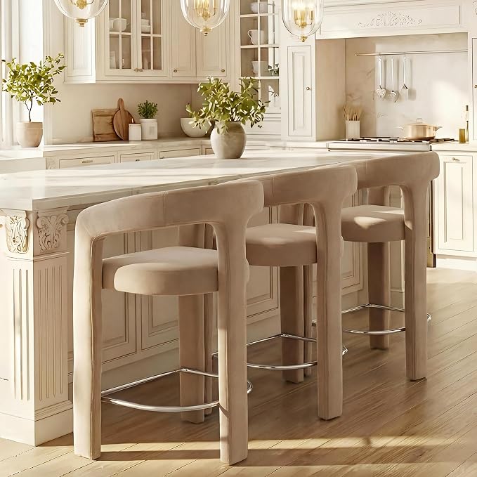 HNY 26 Inch Modern Tall Barrel Bar Stools Set of 3, Velvet Upholstered Barstools - Image 7