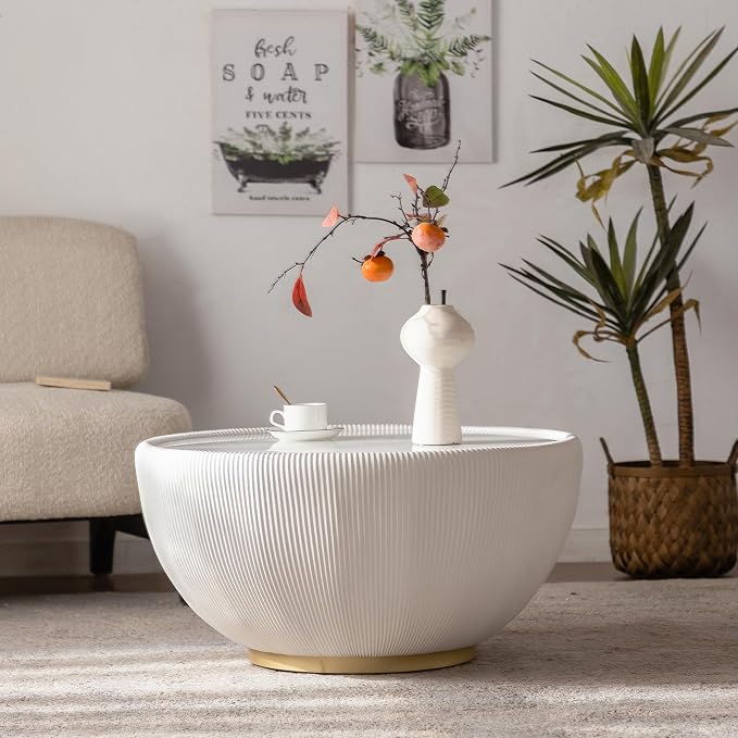 Round Marble Coffee Table 27.56" Bucket Shaped Fluted Coffee Table - Image 2