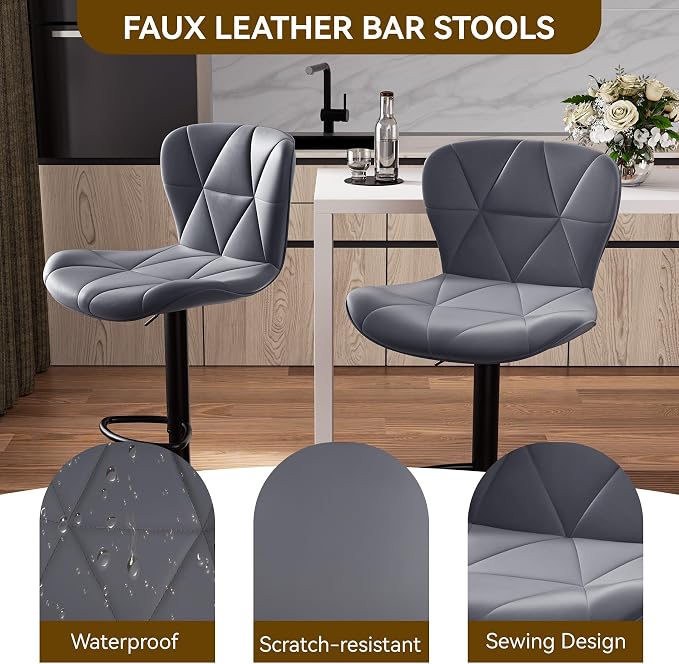 Nalupatio Modern Bar Stools Set of 2, Adjustable Faux Leather Upholstered - Image 3