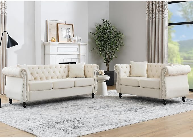 2 Piece Chesterfield Velvet Combination Sofa by Unknown
