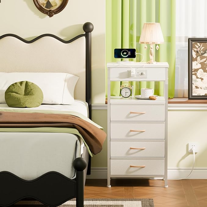 Furnulem Night Stand with Charging Station, Dresser with PVC & Fabric Drawers - Image 2
