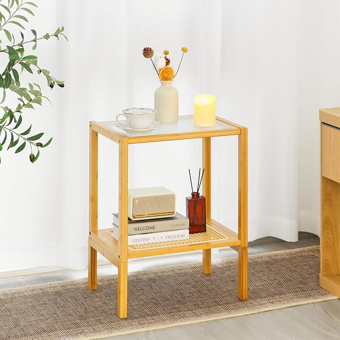 2-Tier Bamboo Side Table, Modern Glasstop Rattan Side Table, Mid Century Wood - Image 6