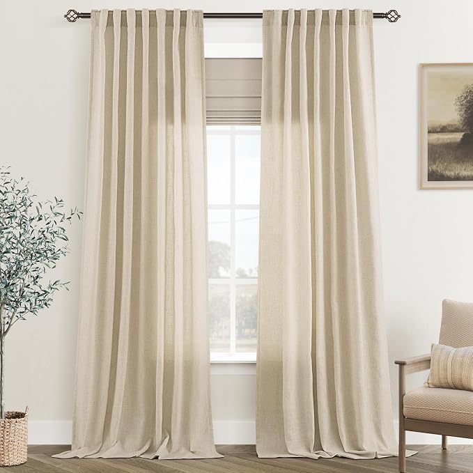 Greyish Beige Linen Curtain 102 inch Length 2 Panels Set Back Tab Light by Jolilight