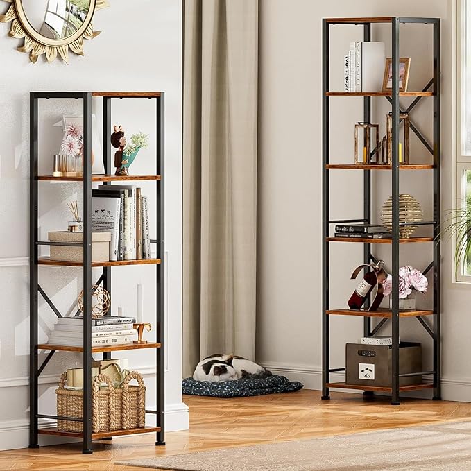 Furologee 6 Tier Tall Bookshelf, Industrial Narrow Bookcase, Display Standing - Image 2
