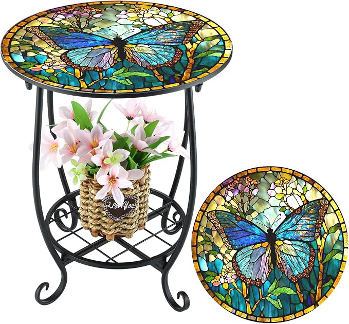Cinnvoice Outdoor Side Table Round Small Mosaic Patio Accent Indoor End Plant by Cinnvoice