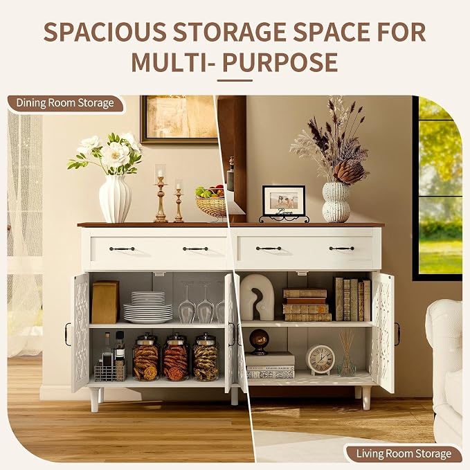59″ White Bohemia 4 Heart Shaped Carved Doors, 2 Drawers and 2 Adjustable - Image 3