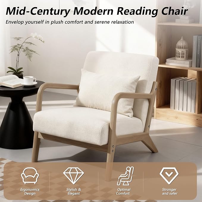 Modern Accent Chair with Wooden Frame & Linen Fabric, Mid Century Modern Chair - Image 6