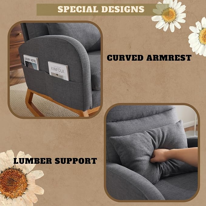 VINGLI Grey Linen Nursery Rocking Chair - Image 4