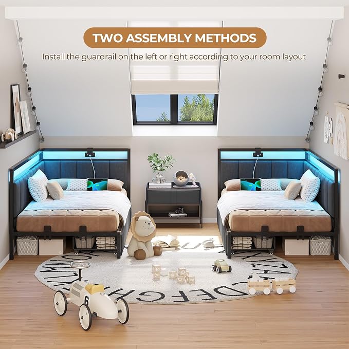 DICTAC Corner Bed Frame with 2 Storage Drawers and Charging Station Twin XL - Image 7