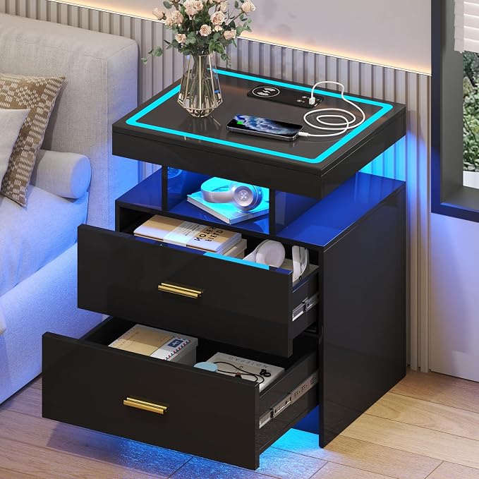 LED Nightstand with Wireless Charging Station, Glass Top Smart Bedside Table by MDGC