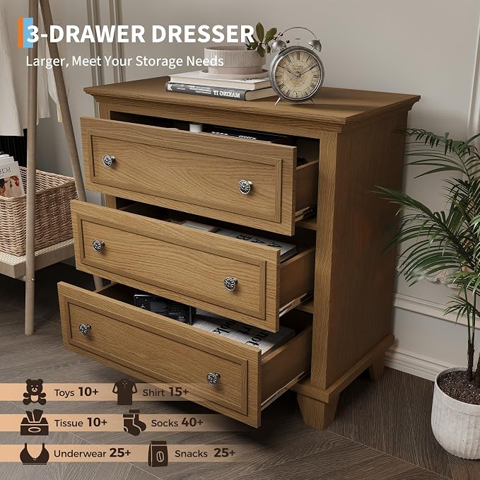 IDEALHOUSE 3 Drawer Dresser, Wooden Storage Chest of Drawers - Image 5