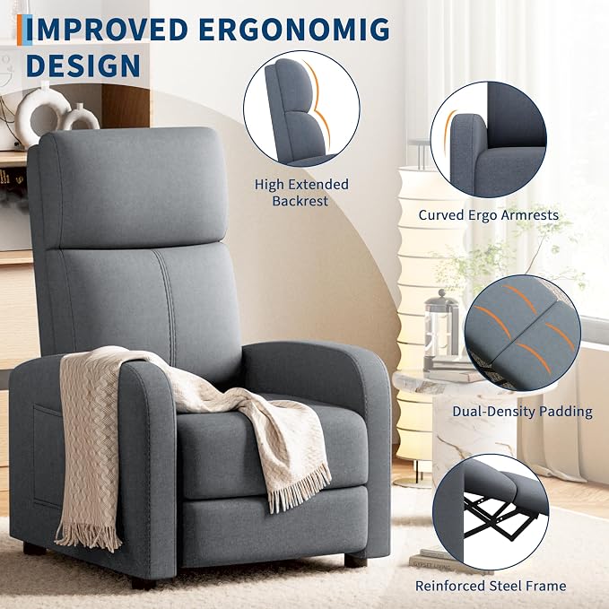 GarveeHome Linen Fabric Manual Recliner Chair, - Image 5